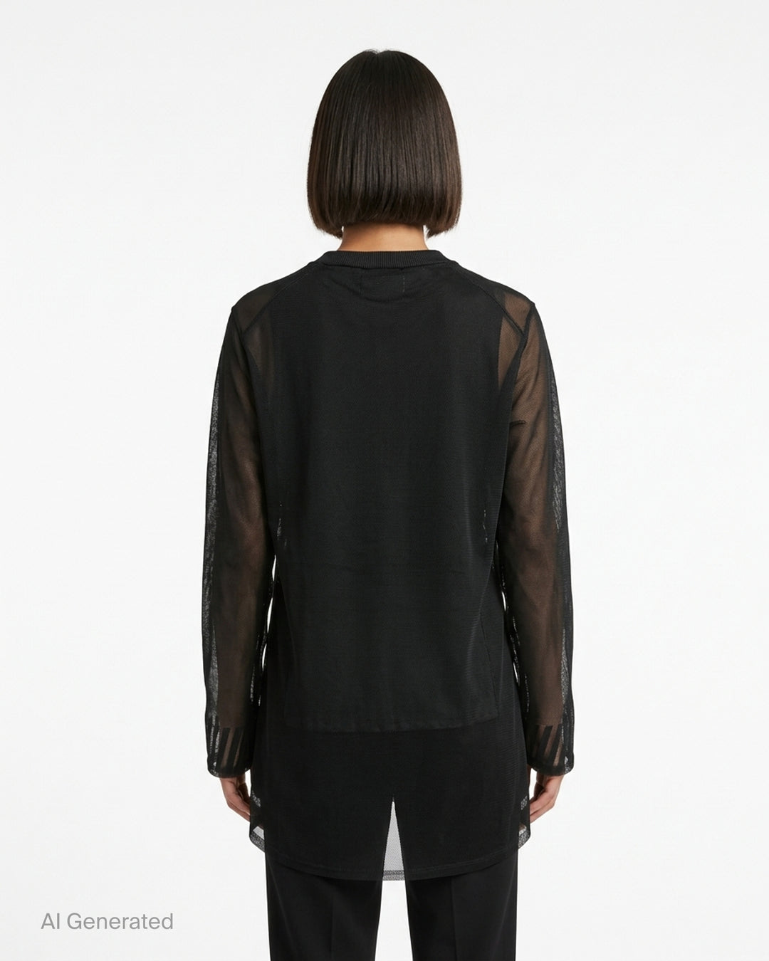 Comme des Garçons sheer black polyester lily yarn jersey cardigan with ribbed crew neck, button-front placket and long sleeves - back