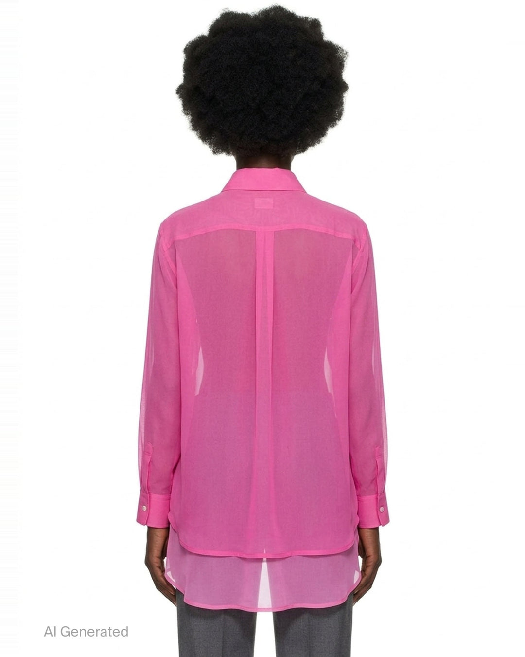 Comme des Garçons sheer fuchsia pink longline tailored blouse with point collar, white button-front fastening, chest patch pocket, and structured cuffs - back