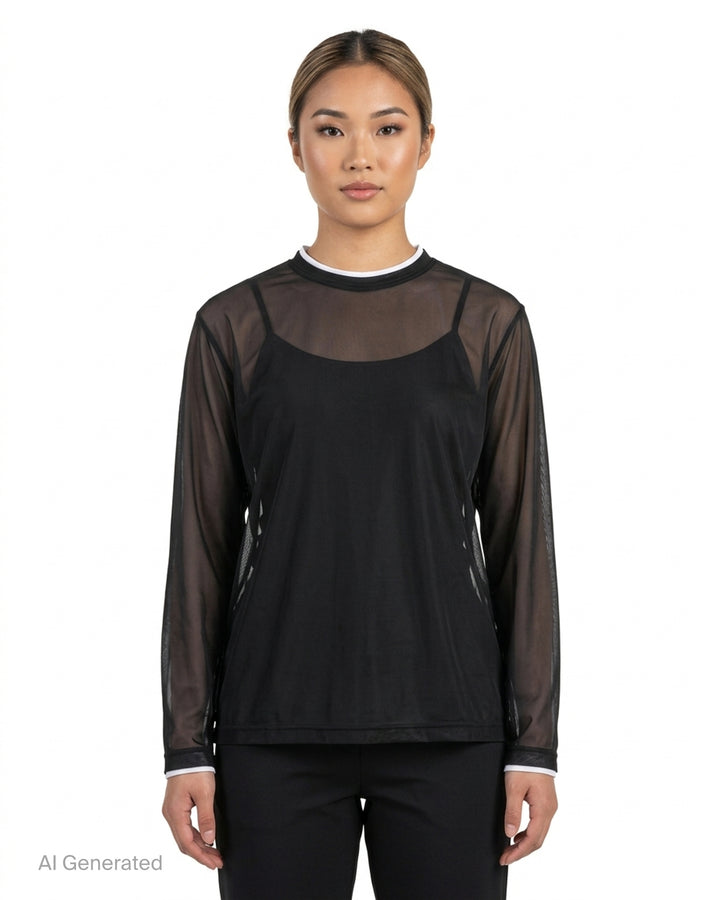Comme des Garçons black sheer mesh long sleeve tee with white contrast trim at the crew neck and cuffs - front