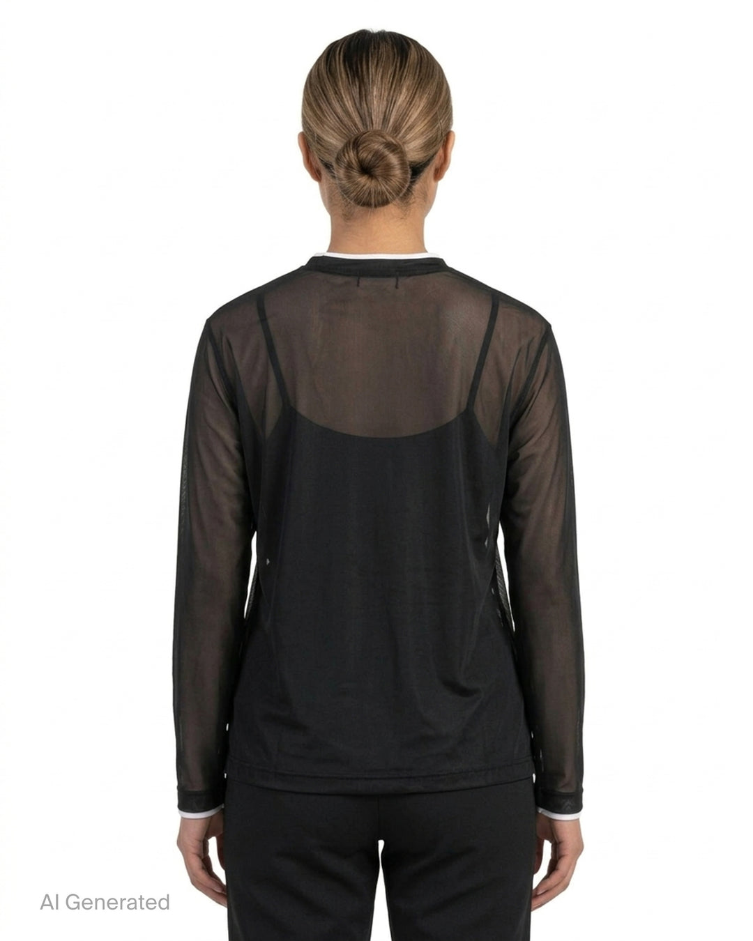 Comme des Garçons black sheer mesh long sleeve tee with white contrast trim at the crew neck and cuffs - back