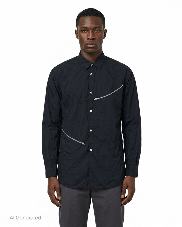 Comme des Garçons Shirt black long sleeve button-up shirt with two diagonal metal zips across the front - front