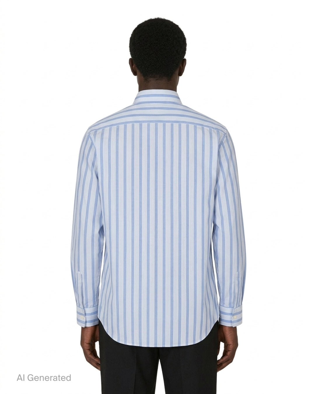 Comme des Garçons Shirt Label Stripe Shirt in blue and white stripes with red, yellow and green printed placket and Gothic 'Since 1988' lettering - back