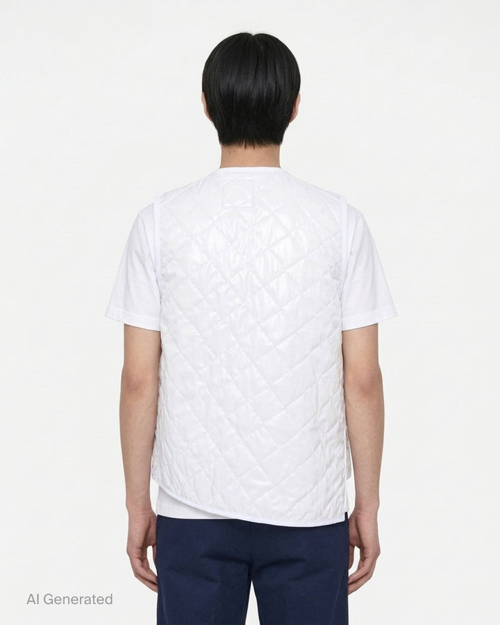 Black lacquered quilted asymmetric vest with diagonal zip front and Lavenham label by Comme des Garçons Shirt - back