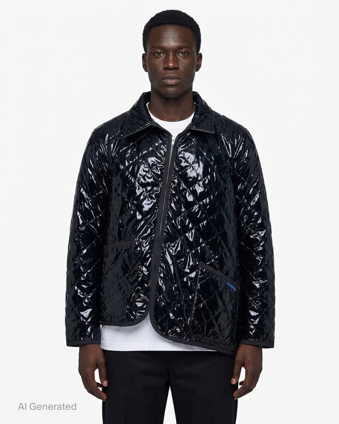 Black lacquered diamond-quilted zip-up jacket with asymmetric zip, collar and patch pockets by Comme des Garçons Shirt x Lavenham - front