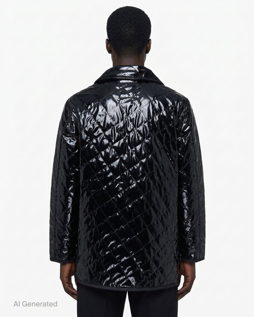 Black lacquered diamond-quilted zip-up jacket with asymmetric zip, collar and patch pockets by Comme des Garçons Shirt x Lavenham - back