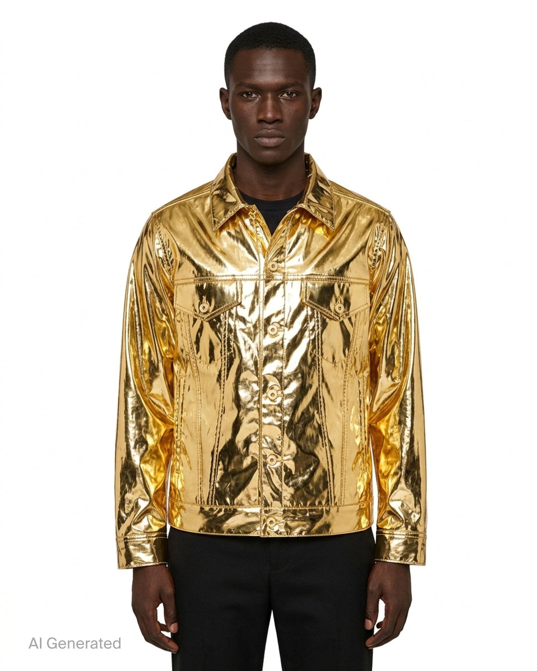 Comme des Garçons Shirt metallic gold trucker jacket with button-through front, chest flap pockets and pointed collar - front