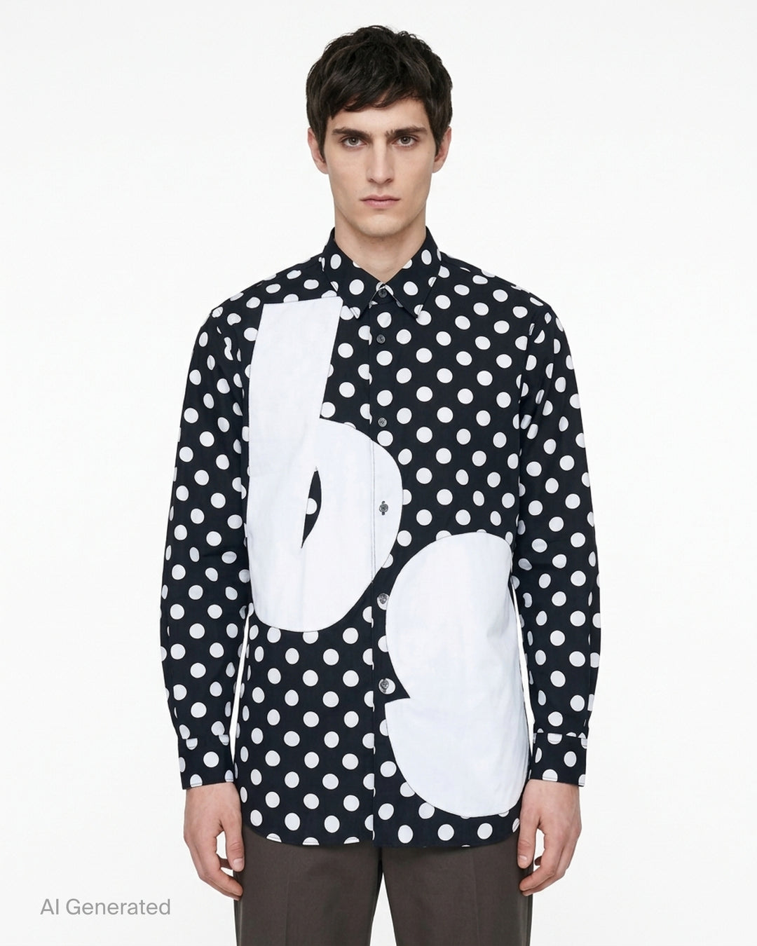 Comme des Garçons Shirt black and white polka dot long-sleeve button-up shirt with oversized white patchwork panels on the front - front