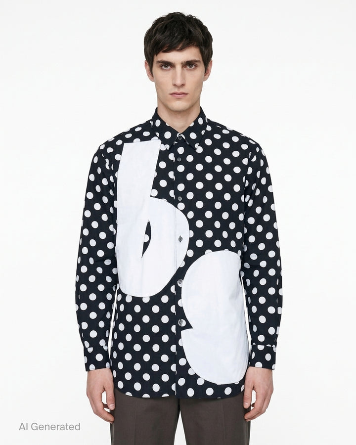 Comme des Garçons Shirt black and white polka dot long-sleeve button-up shirt with oversized white patchwork panels on the front - front