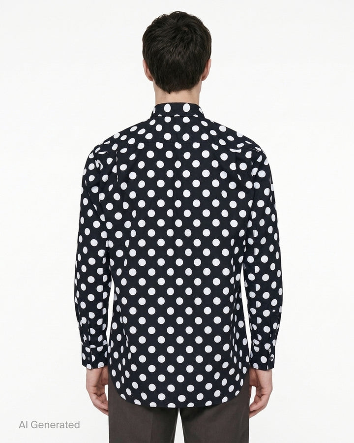Comme des Garçons Shirt black and white polka dot long-sleeve button-up shirt with oversized white patchwork panels on the front - back