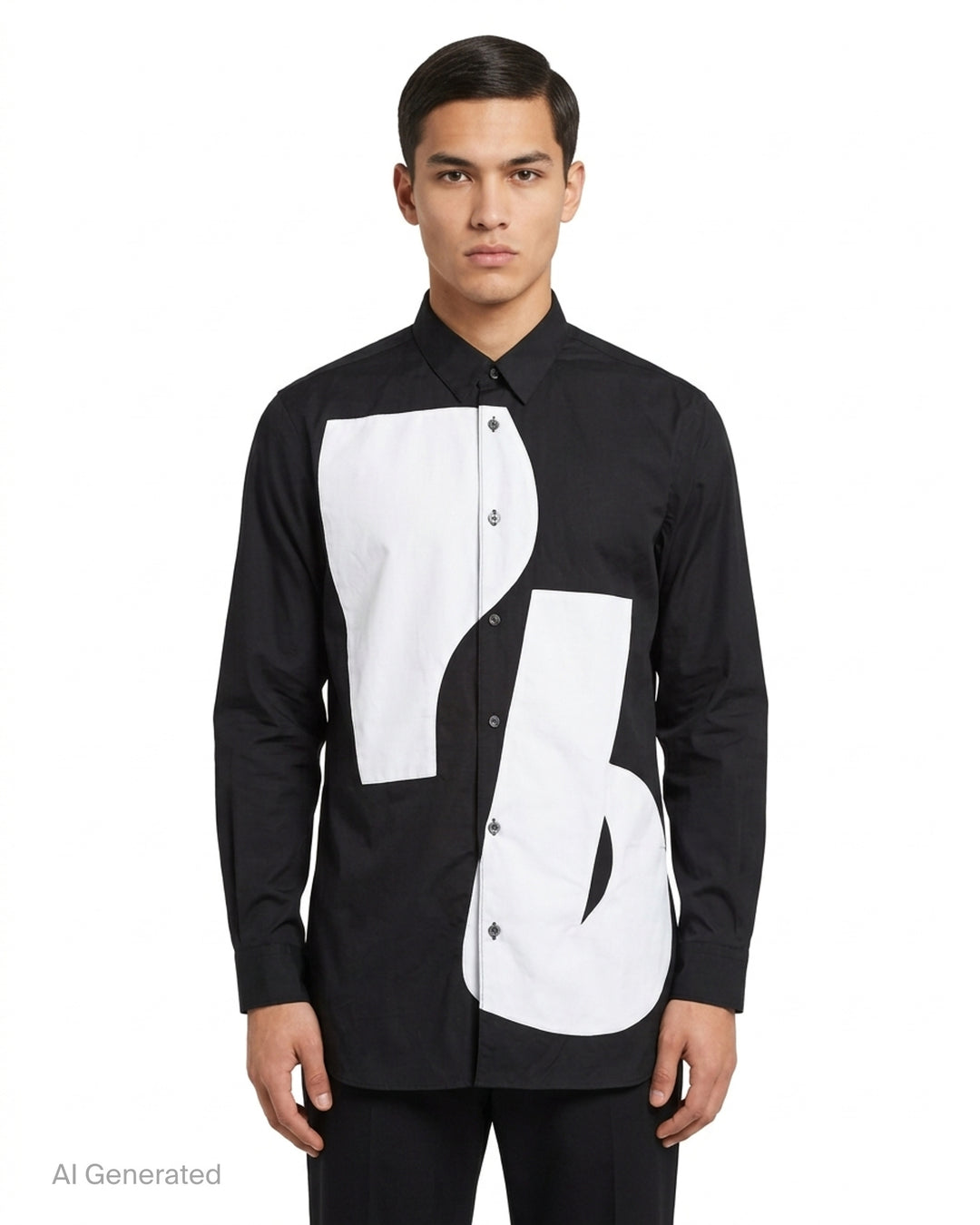 Comme des Garçons Shirt black long sleeve button-up shirt with curved white patchwork panels on the front - front