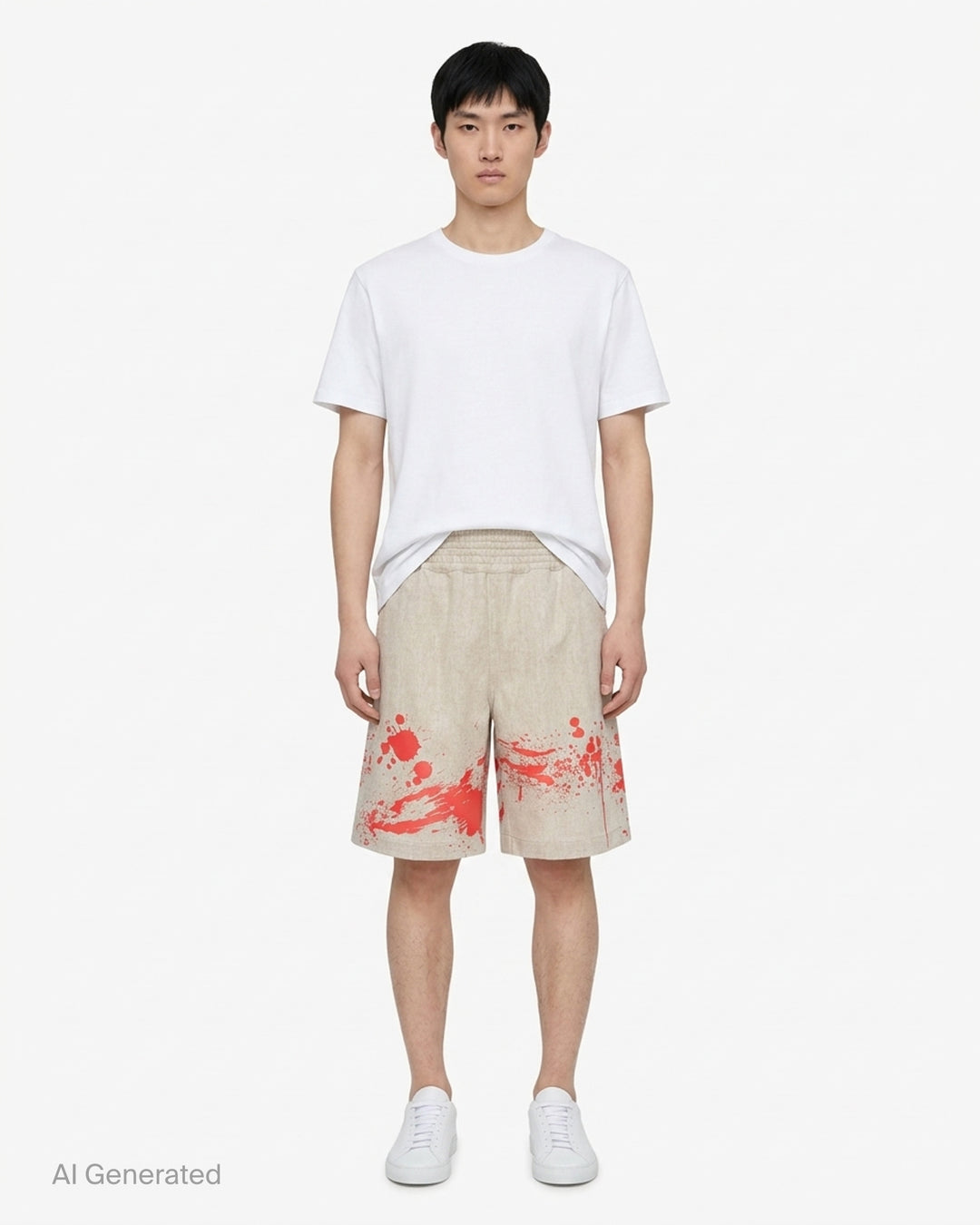 Comme des Garçons Shirt oatmeal wool shorts with red paint splash print along the hem and a ribbed elasticated waistband - front