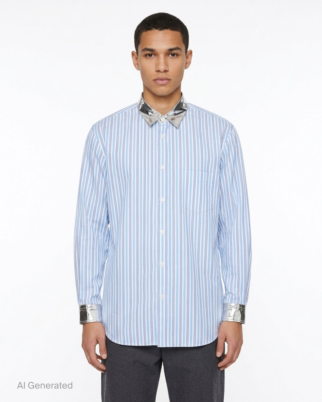 Blue and white striped button-up shirt with metallic gold collar and cuffs and a chest pocket - front