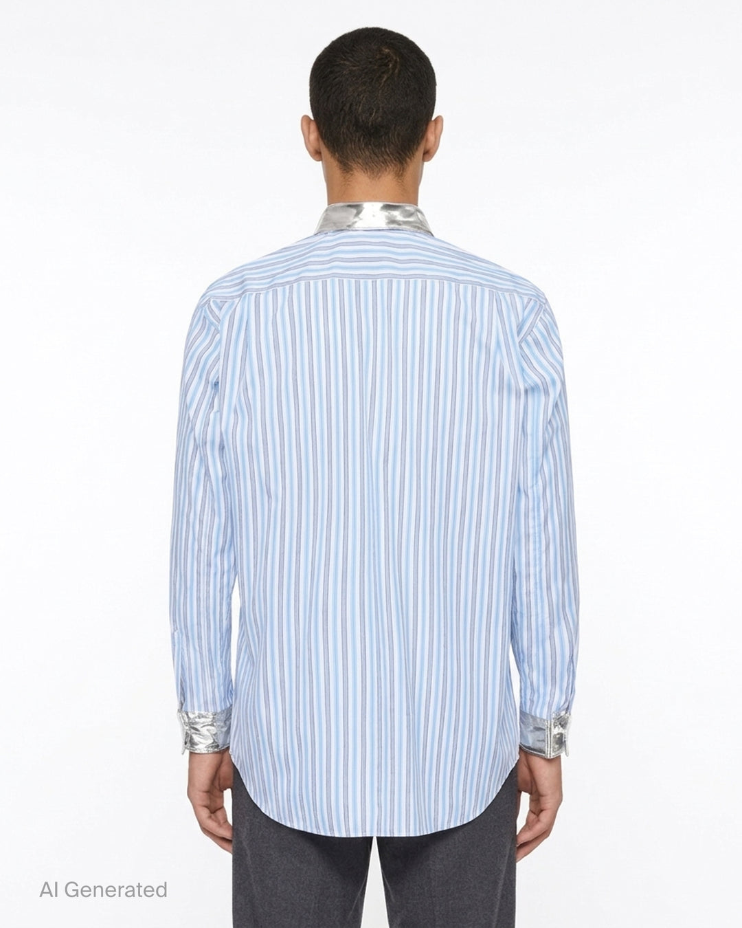 Blue and white striped button-up shirt with metallic gold collar and cuffs and a chest pocket - back