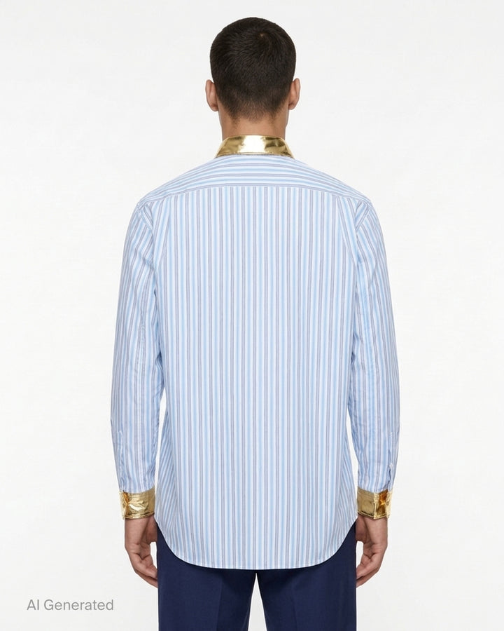 Blue and white striped button-up shirt with metallic gold collar and cuffs and a chest pocket - back