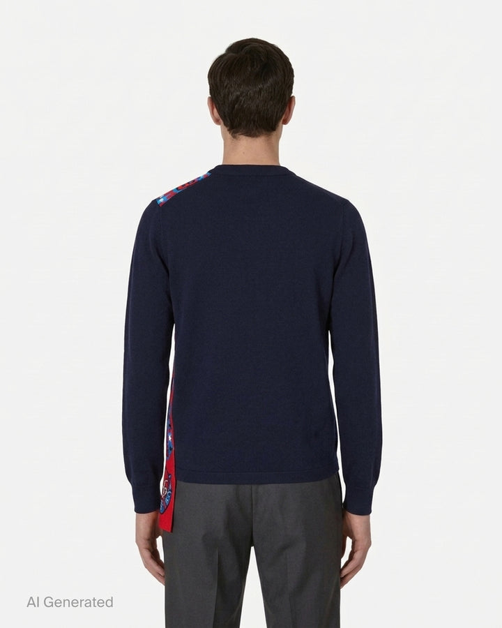 Comme des Garçons Shirt navy crewneck sweater with a vertical red and blue jacquard scarf-style panel and CDG Shirt emblem - back