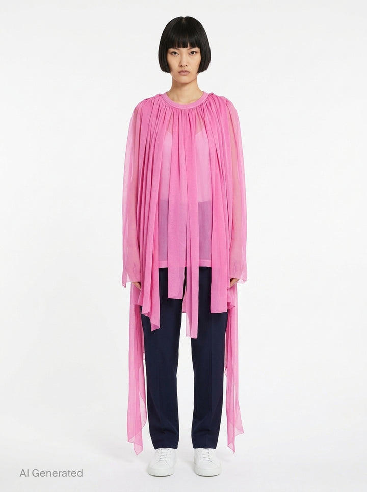 Comme des Garçons soft pleated sheer top in bubblegum pink, featuring a gathered round neckline and cascading semi-transparent streamer panels - front