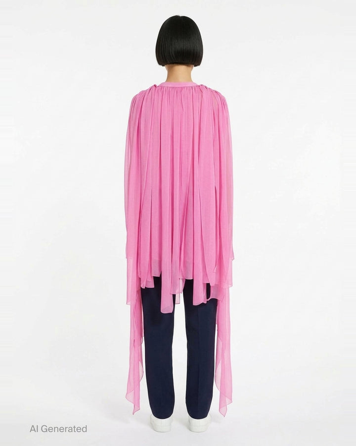 Comme des Garçons soft pleated sheer top in bubblegum pink, featuring a gathered round neckline and cascading semi-transparent streamer panels - back