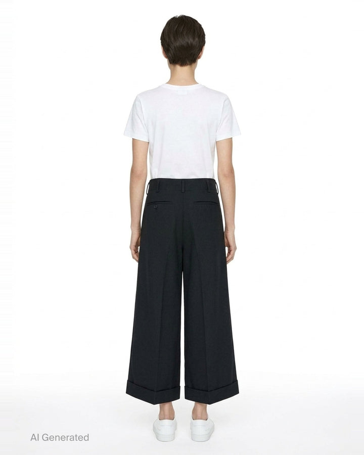 Comme des Garçons black wide leg pleated trousers with high waist, double front pleats, and deep turned-up cuffs, photographed flat on a white background - back