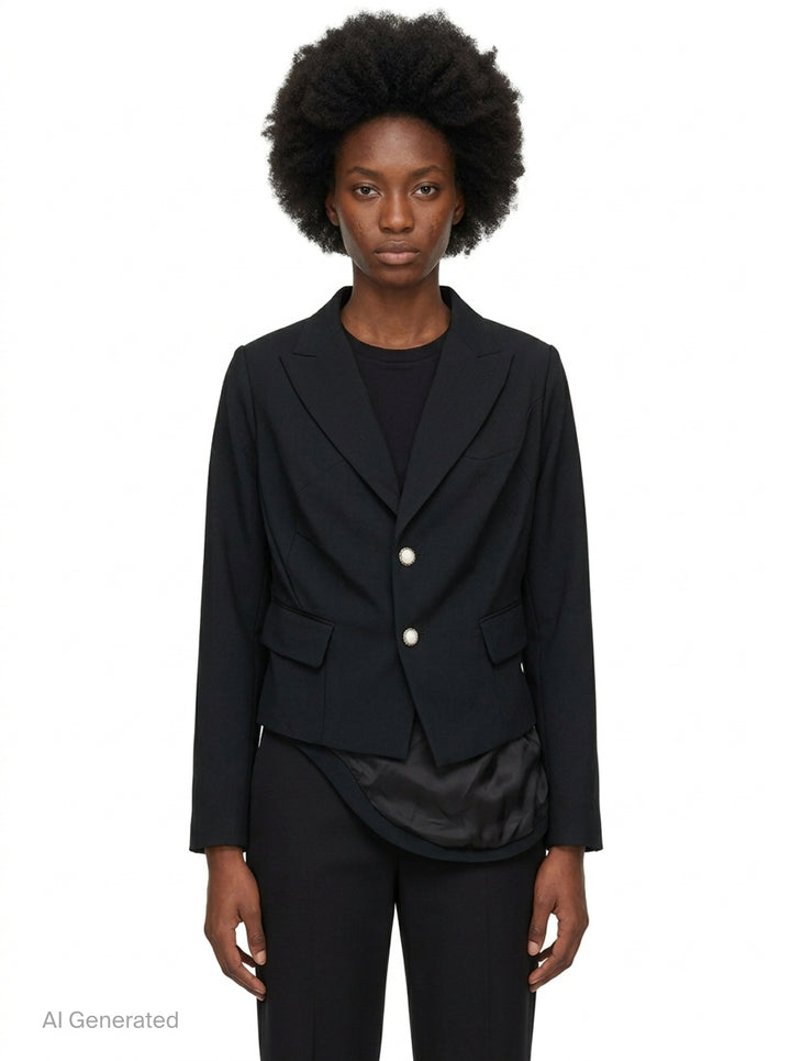 Comme des Garçons black wrap blazer with asymmetric curved hem panel exposing satin lining, peak lapels, jewel-set buttons, and structured shoulders, displayed flat on white background - front