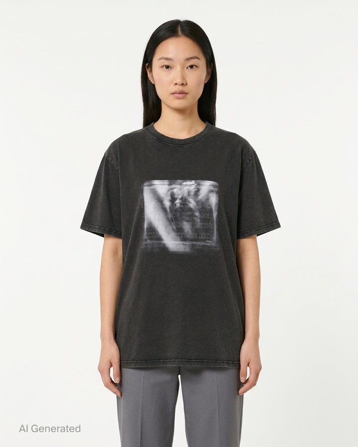 Deathmask Hedy Lamarr And The Frequency washed black short sleeve tee with blurred monochrome graphic and repeating EXTASE text on the chest - front