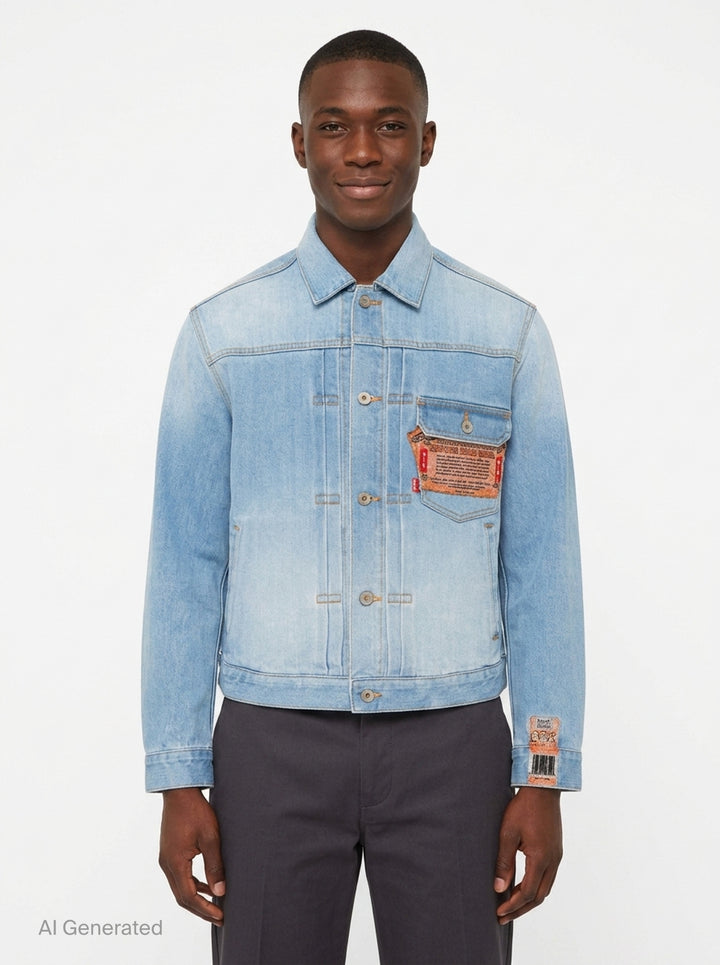 doublet Air Yarn Faded Denim Jacket in light-wash blue with archival printed patch labels on the chest pocket and cuff, featuring amber topstitching and gunmetal button fastening - front
