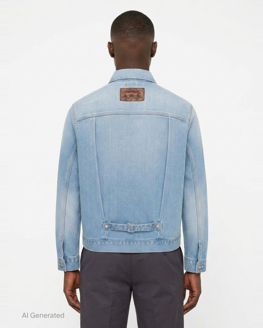 doublet Air Yarn Faded Denim Jacket in light-wash blue with archival printed patch labels on the chest pocket and cuff, featuring amber topstitching and gunmetal button fastening - back