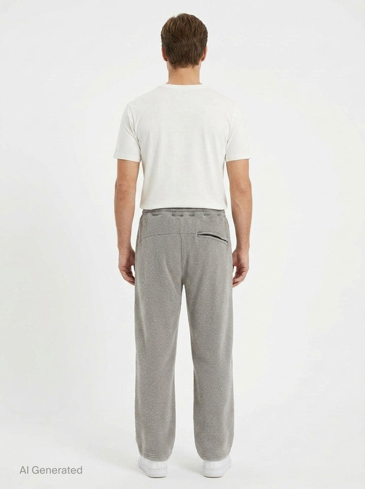 doublet Air Yarn Fleece Pants in heather grey, shown flat — wide-leg silhouette with speckled fleece texture, zip side pockets, elasticated drawstring waistband, and embroidered triangle logo patch at the hip - back