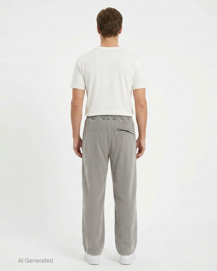 doublet Air Yarn Fleece Pants in heather grey, shown flat — wide-leg silhouette with speckled fleece texture, zip side pockets, elasticated drawstring waistband, and embroidered triangle logo patch at the hip - back