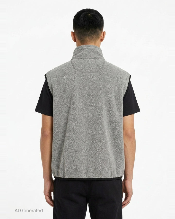 doublet Air Yarn Fleece Vest in heathered grey with contrast black trim, full-length zip, funnel collar, and embroidered triangle logo badge on the chest - back