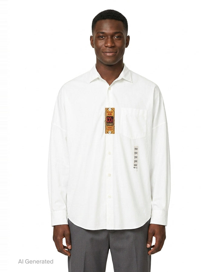doublet Air Yarn Long Sleeve Shirt in white with embroidered CO2 Zephyr patch on the chest and repeated CO2 stamp graphic on the lower front, shown flat on a white background - front
