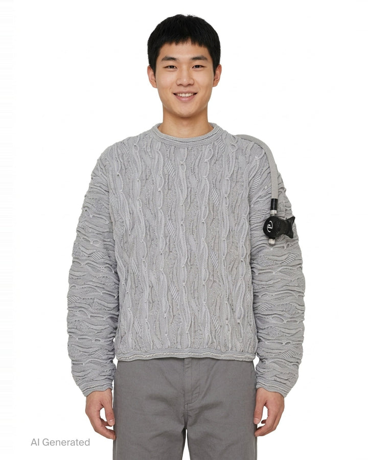 doublet Air Yarn Regulator Knit Pullover in grey, featuring distressed cable-knit texture across the body and sleeves with an attached scuba regulator hardware detail on the sleeve, crew neckline, shot flat on a white background - front