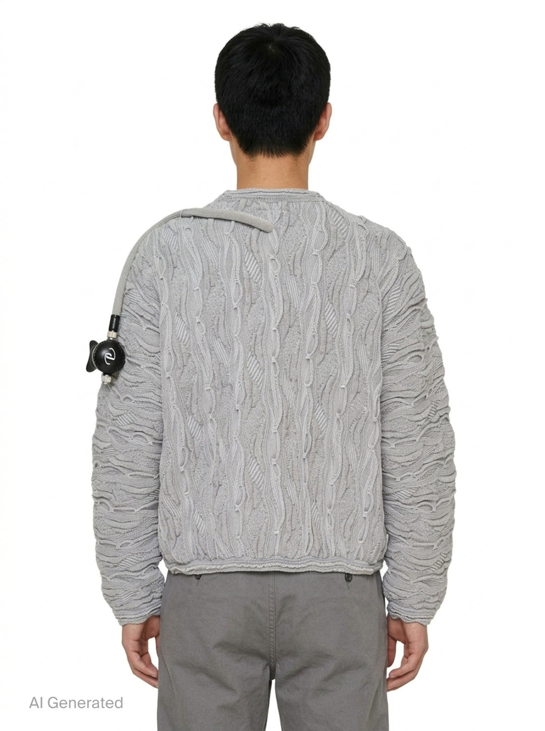 doublet Air Yarn Regulator Knit Pullover in grey, featuring distressed cable-knit texture across the body and sleeves with an attached scuba regulator hardware detail on the sleeve, crew neckline, shot flat on a white background - back
