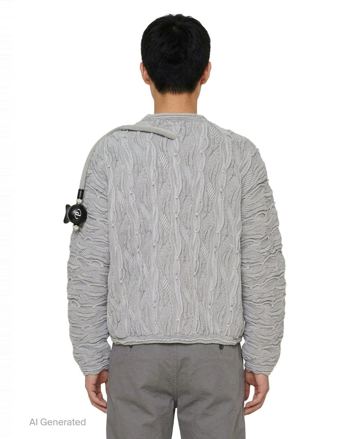 doublet Air Yarn Regulator Knit Pullover in grey, featuring distressed cable-knit texture across the body and sleeves with an attached scuba regulator hardware detail on the sleeve, crew neckline, shot flat on a white background - back