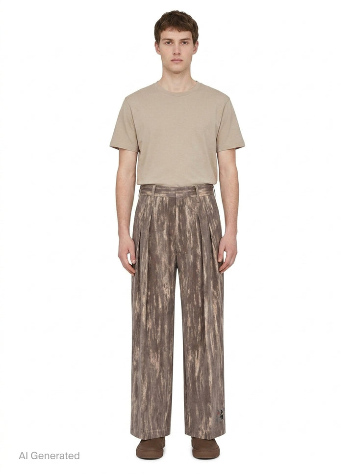 doublet Dust Flocky Trousers in a mottled earthy brown abstract print, featuring wide-leg cut with front pleats and embroidered graphic at the hem, displayed flat on white background - front