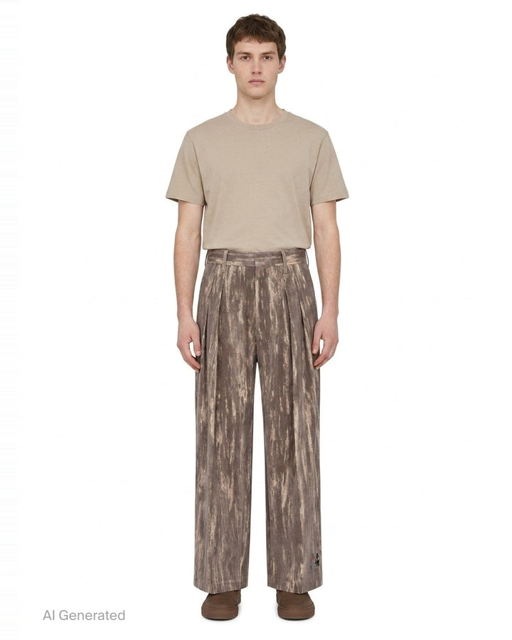 doublet Dust Flocky Trousers in a mottled earthy brown abstract print, featuring wide-leg cut with front pleats and embroidered graphic at the hem, displayed flat on white background - front
