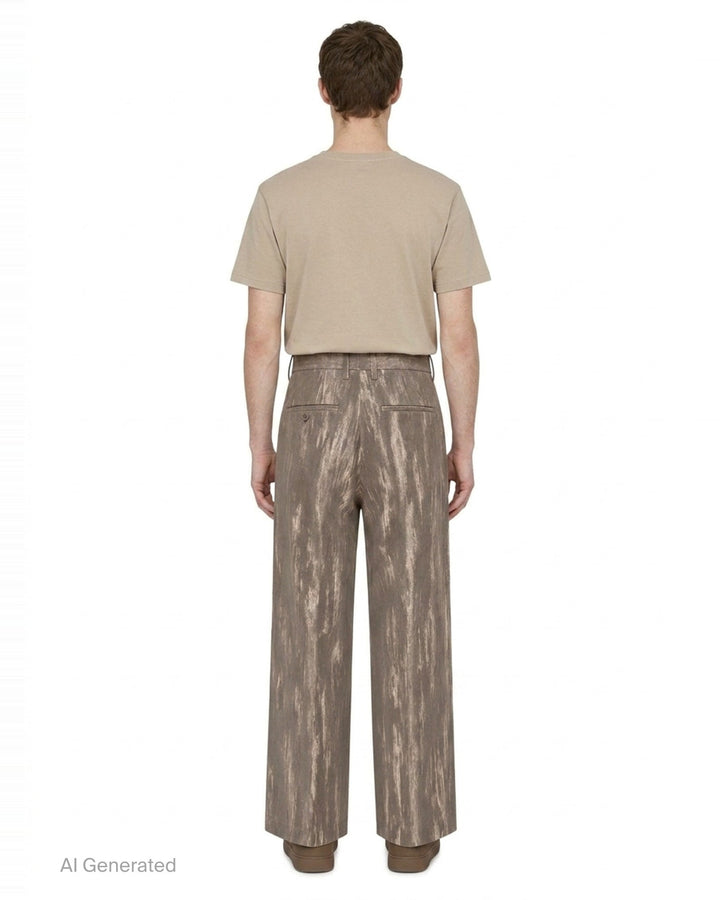 doublet Dust Flocky Trousers in a mottled earthy brown abstract print, featuring wide-leg cut with front pleats and embroidered graphic at the hem, displayed flat on white background - back