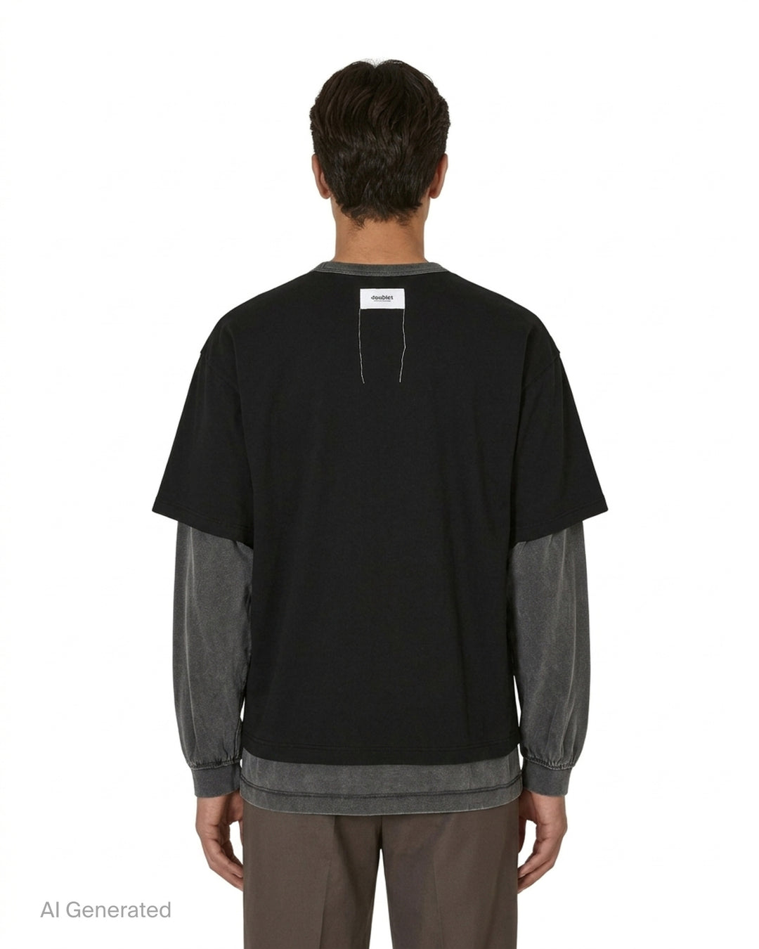 doublet On&Off reversible long sleeve T-shirt in black with a glowing green power-button graphic and faded grey layered sleeves - back