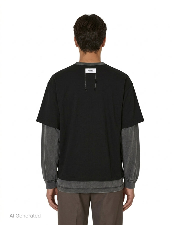 doublet On&Off reversible long sleeve T-shirt in black with a glowing green power-button graphic and faded grey layered sleeves - back