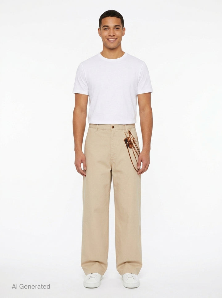 doublet Trompe L'Oeil Embroidery Chinos in sand, featuring a wide-leg silhouette and a detailed embroidery of a key ring with chains and keys at the hip - front