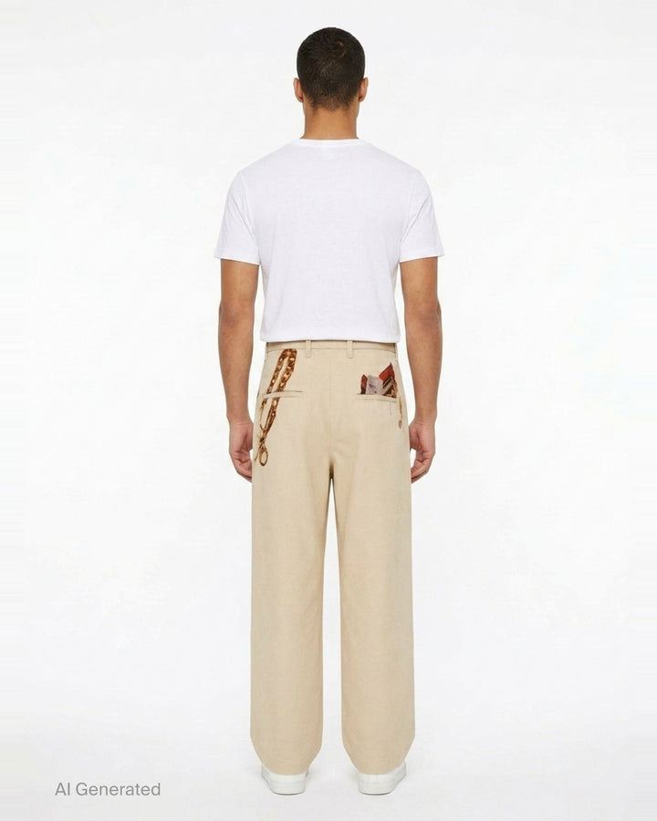 doublet Trompe L'Oeil Embroidery Chinos in sand, featuring a wide-leg silhouette and a detailed embroidery of a key ring with chains and keys at the hip - back