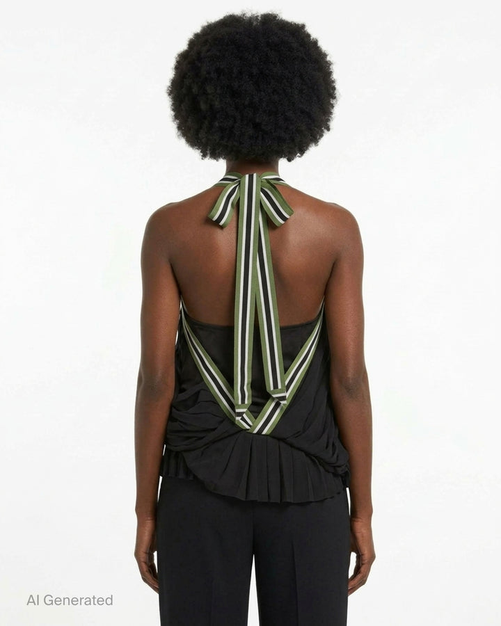 Dries Van Noten asymmetrical pleated top in sheer navy, olive and cream plaid with draped wrap front and striped ribbon bow at the neckline - back
