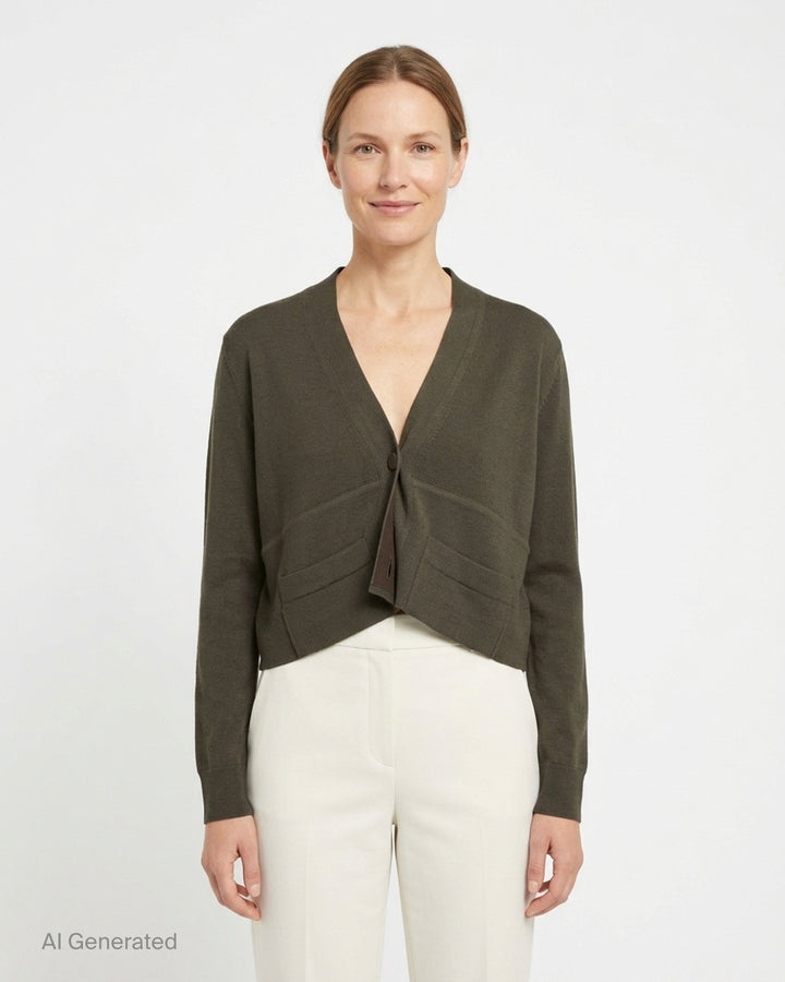 Dries Van Noten Back Tie Cardigan in olive brown, featuring draped overlapping front panels, a single-button fastening with tassel, and a cropped fine-gauge knit silhouette - front