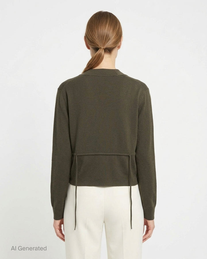 Dries Van Noten Back Tie Cardigan in olive brown, featuring draped overlapping front panels, a single-button fastening with tassel, and a cropped fine-gauge knit silhouette - back