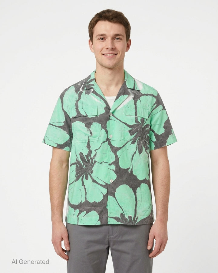Dries Van Noten boxy fit short sleeve shirt with an oversized marbled mint green floral print on charcoal, camp collar, white buttons and flap chest pockets - front