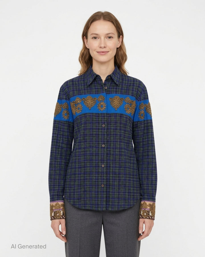 Dries Van Noten blue and green brushed flannel check shirt with cobalt chest band, gold embroidered motifs and embellished cuffs - front