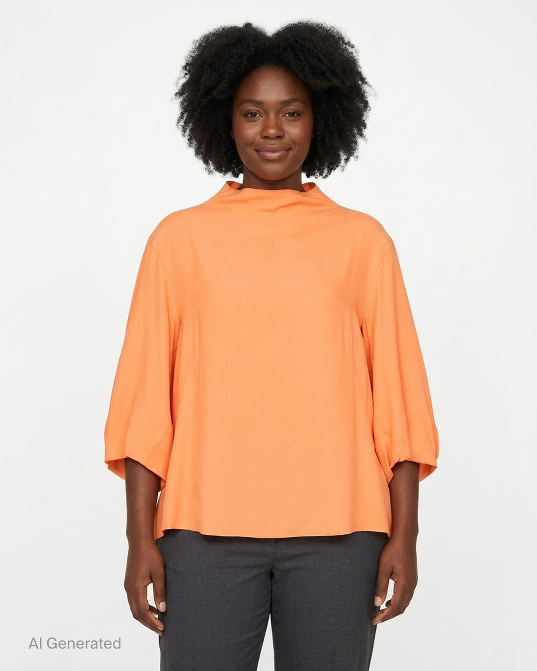 Dries Van Noten Clari orange blouse with funnel neckline and balloon three-quarter sleeves, shown front view - front
