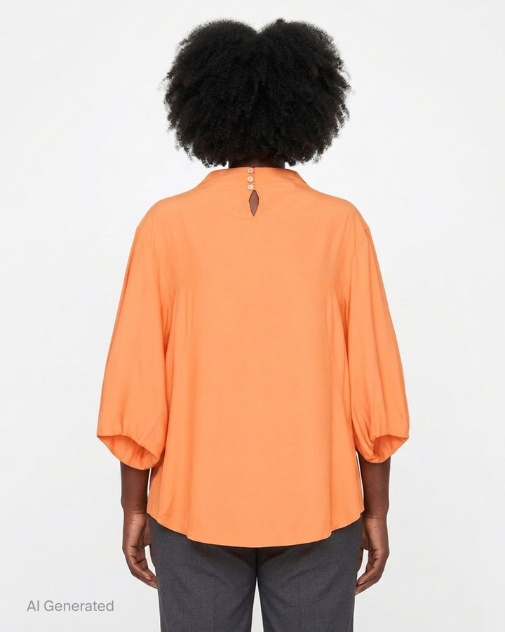 Dries Van Noten Clari orange blouse with funnel neckline and balloon three-quarter sleeves, shown front view - back