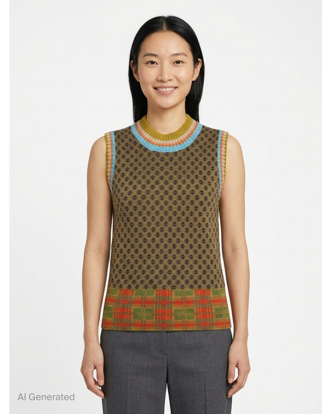 Dries Van Noten sleeveless knit vest with geometric jacquard body, striped ribbed neckline and plaid-pattern hem - front