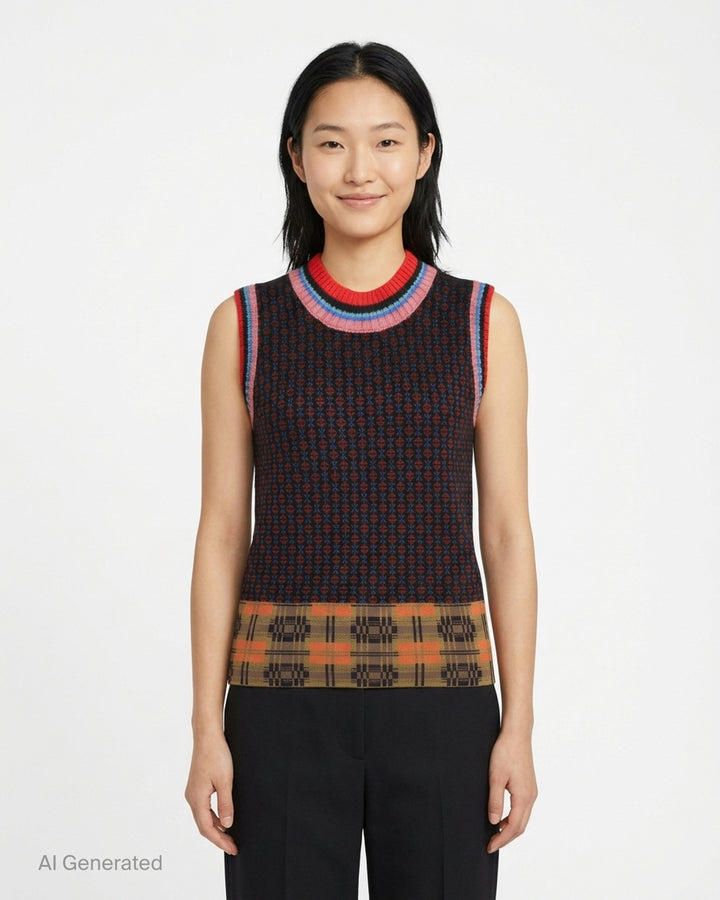 Dries Van Noten sleeveless knit vest with geometric jacquard body, striped ribbed neckline and plaid-pattern hem - front