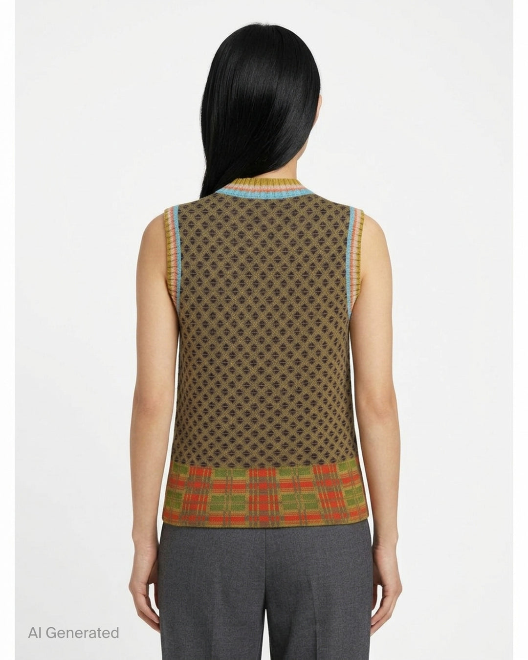 Dries Van Noten sleeveless knit vest with geometric jacquard body, striped ribbed neckline and plaid-pattern hem - back
